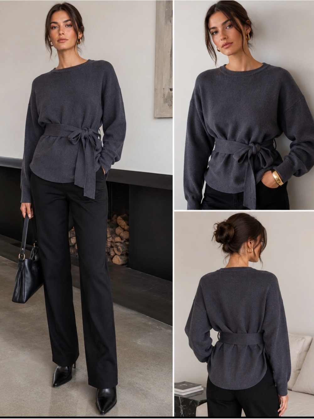 Modern Citizen Nara Belted Knit Sweater | Charcoal Gray | Size Small